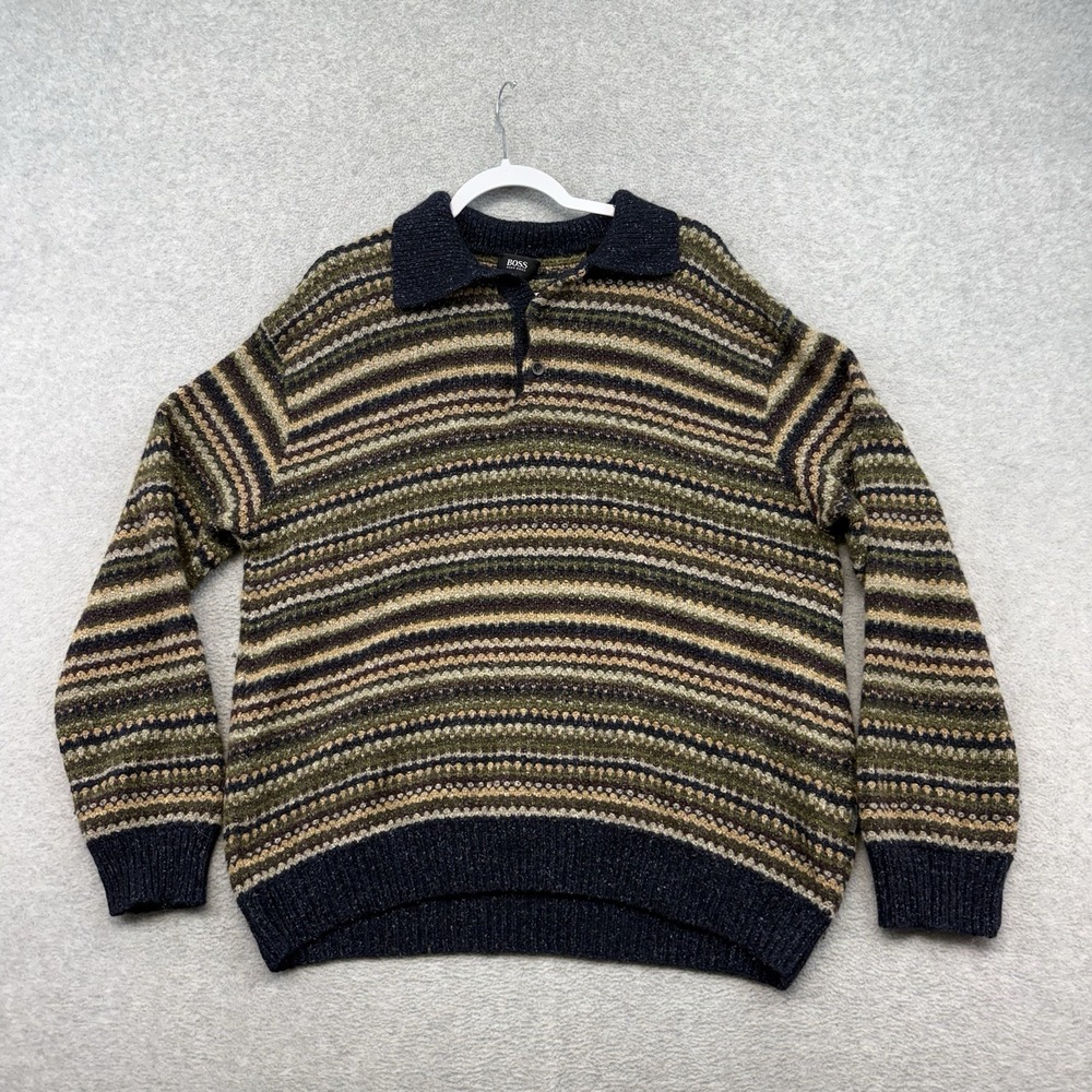 Hugo Boss Patterned Mens Striped Italy Wool Nylon Silk Collared Sweater L Multi